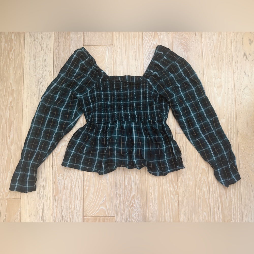 OLD NAVY Women Blouse Plaid Smocked‎ Peplum Dark Academia Cottagecore Size L